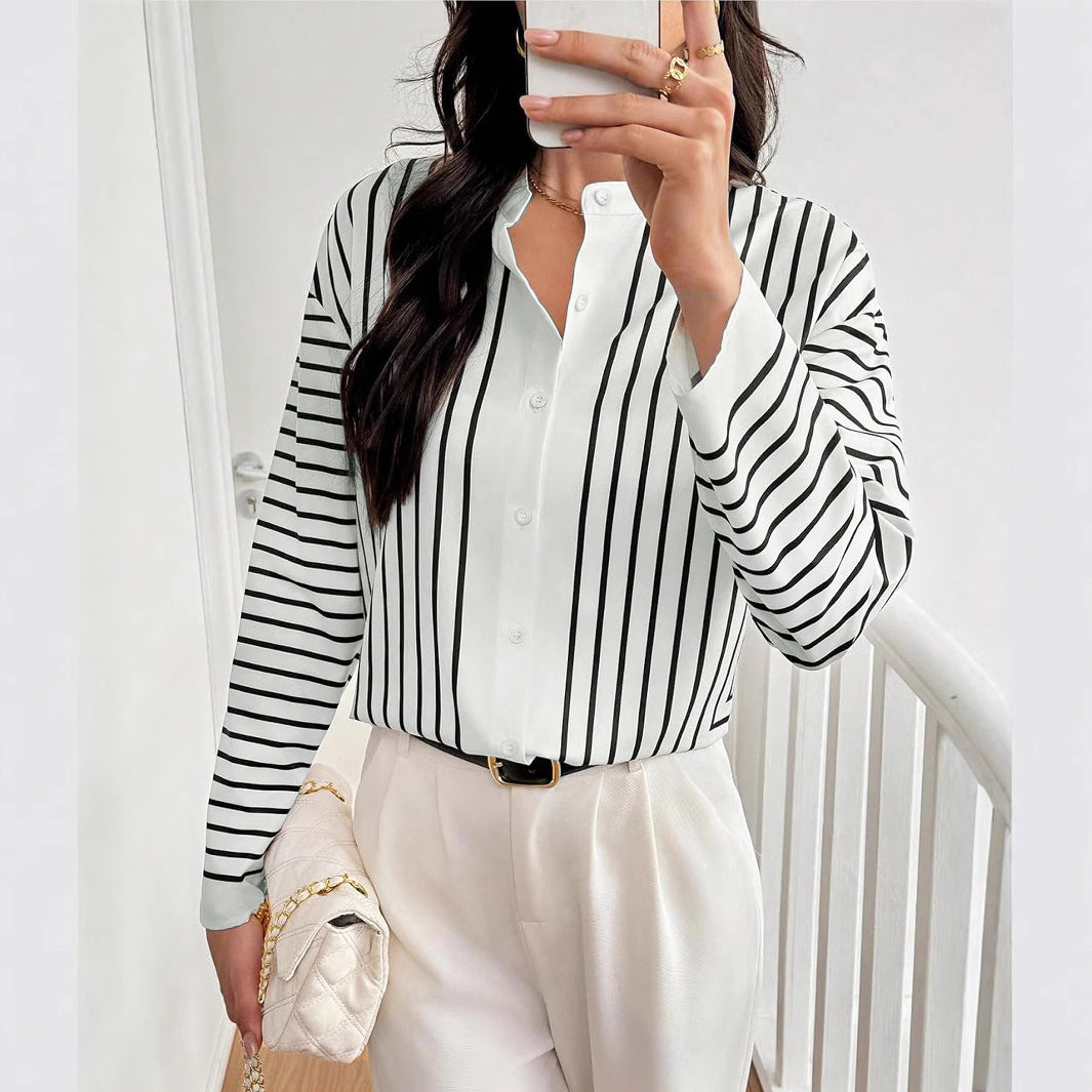Women's Contrasting-Color Printed Single-Breasted Striped Shirt