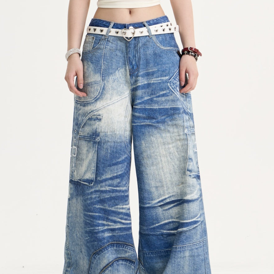 Amerikanske Retro Sweet Cool Printede Vidde Ben Jeans Dame Løse Slankende