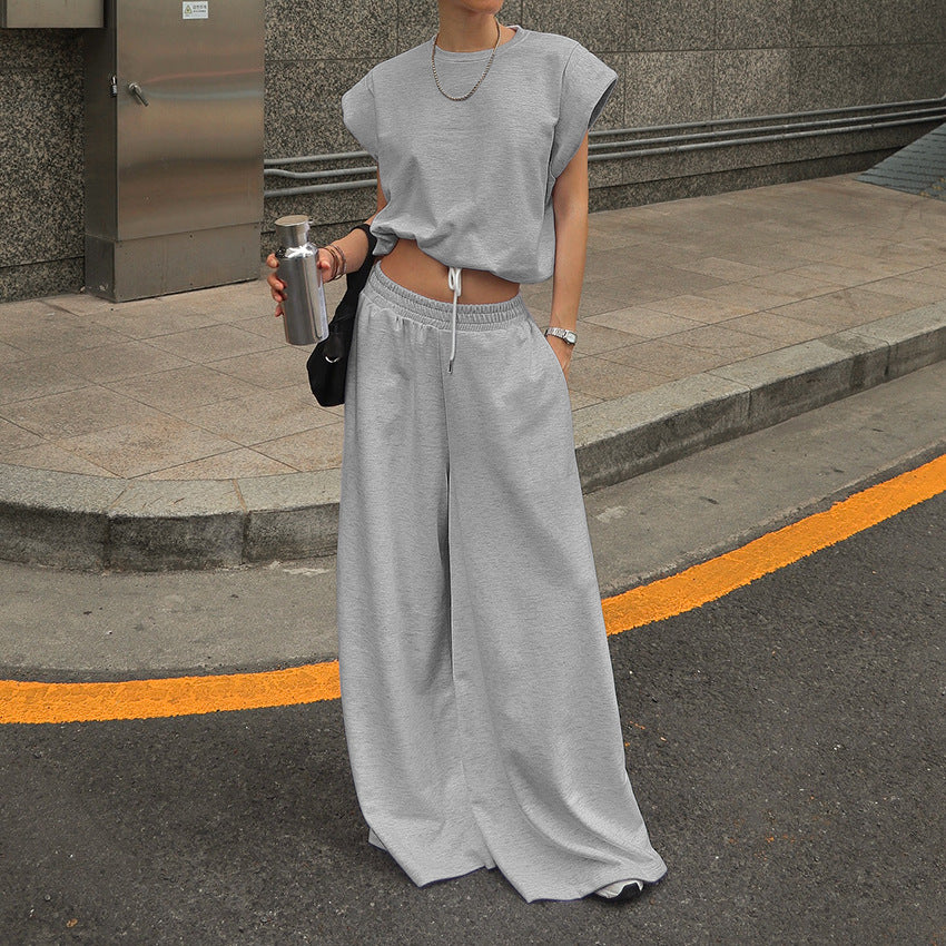 Sleeveless Pullover Top And Floor-length Wide-leg Pants Sweatshirt Set