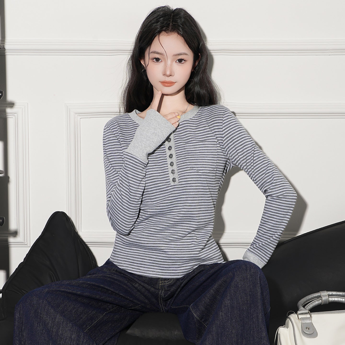 Striped Half-open Collar Long-sleeved T-shirt For Women