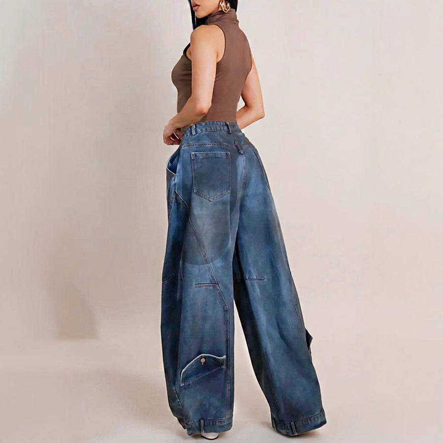Retro slidt og falmet look, jeans til kvinder med omvendt linning