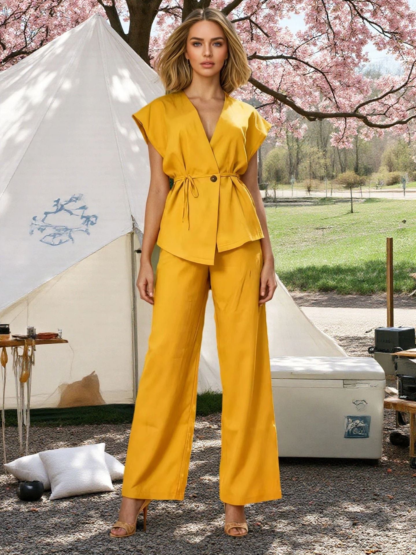 Womens Casual Vest And Pants Set With Ties Solid Color