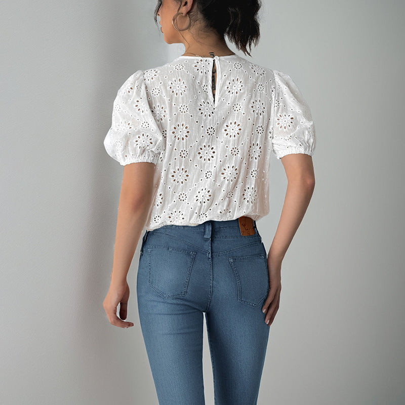 Leisure Vacation Lace-up Crew Neck Puff Sleeve White Jumpsuit
