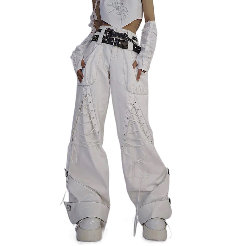 Asian Culture White Heavy Industry Double Waist Head Curling Overalls