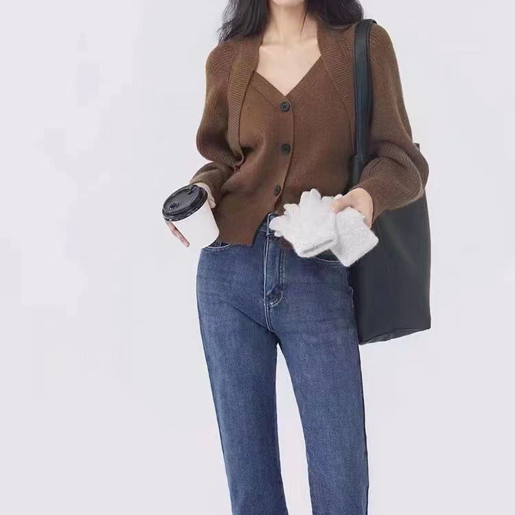 Gentle V-neck Single Breasted Sweater Tight Waist Slimming Casual Knitted Cardigan Top