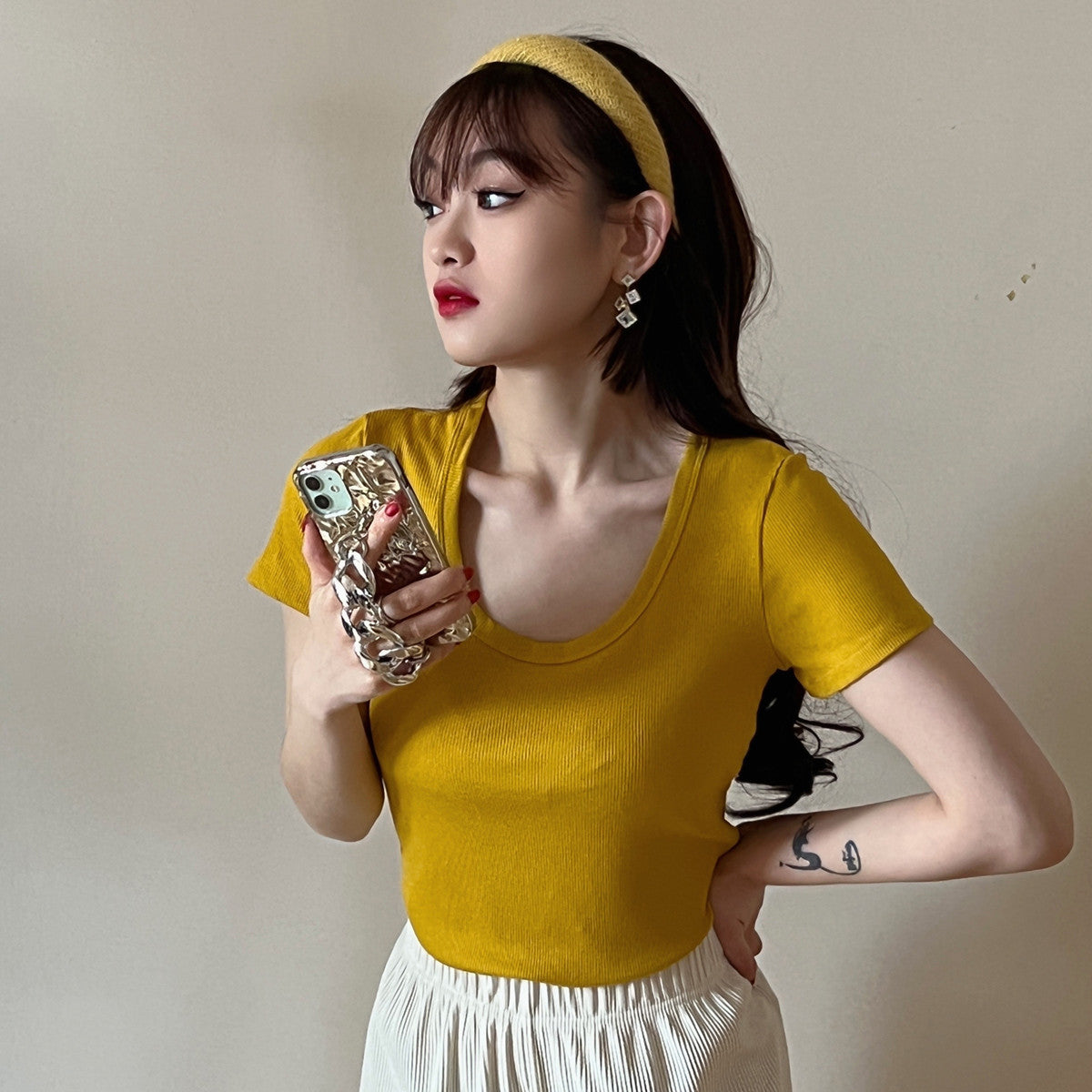 Threaded Cotton Short  T-Shirt Versatile Round Neck Half Sleeve Top
