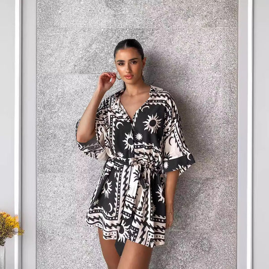 Women's Printed Lace Up Waist-tight Cardigan 5-point Sleeve One-piece Shorts