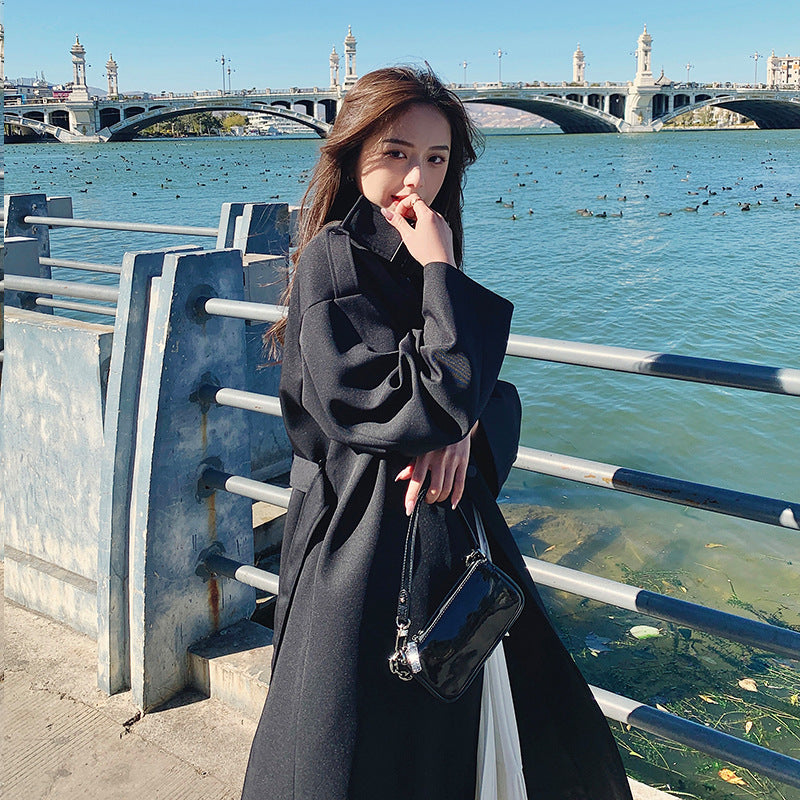 Black Windbreaker Women's Mid-length Loose Retro Temperament Popular Over-the-knee Coat