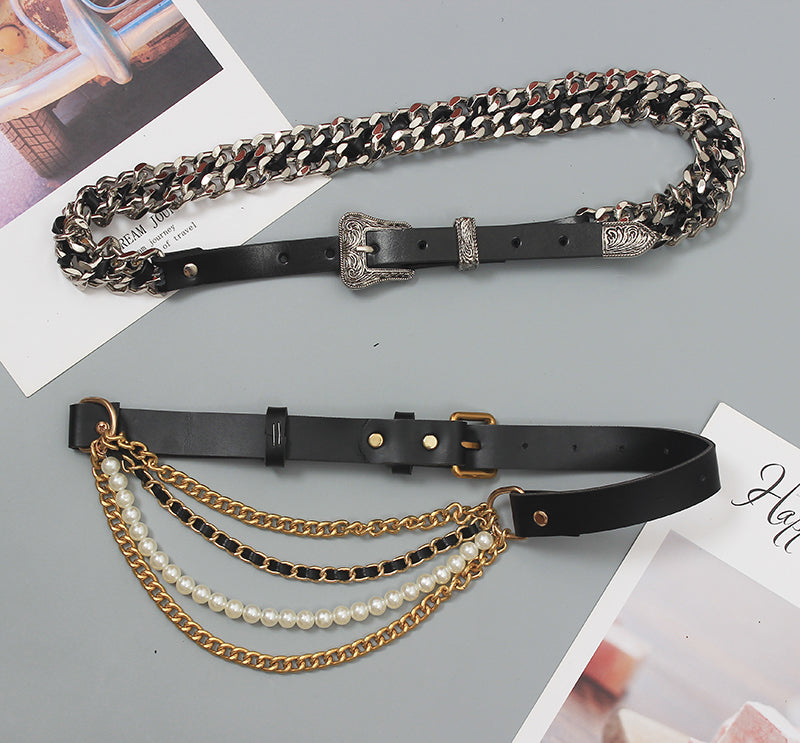 New Fashion All-match Leather Belt With Pearl Decoration
