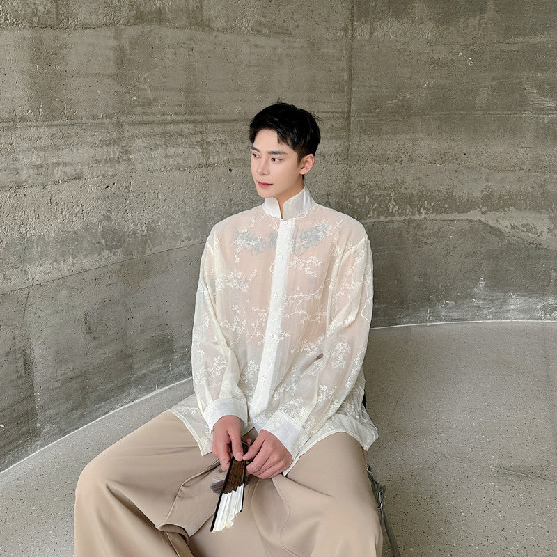Arrival Slightly Sheer Three-Dimensional Floral Design Mandarin-Collar Long-Sleeve Shirt