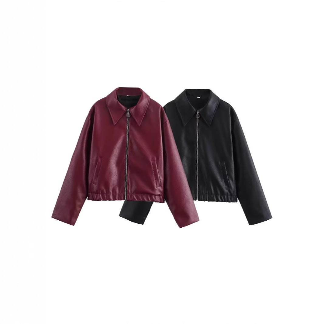 Cappotto in pelle da donna con collo a rever e maniche lunghe