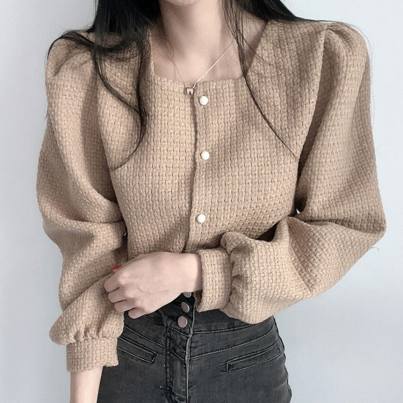 French Style Square Neck Pearl Button Puff Sleeve Jacket