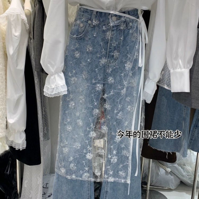Spring Korean Lace Sequined See-through Lace One-piece Bandage Dress Skirt