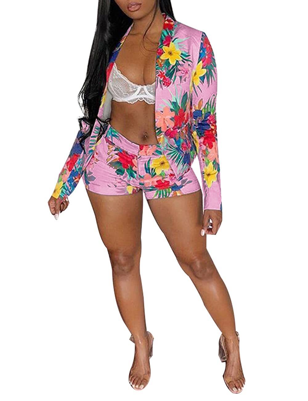 Womens Floral Print Blazer And Shorts Set With Long Sleeves