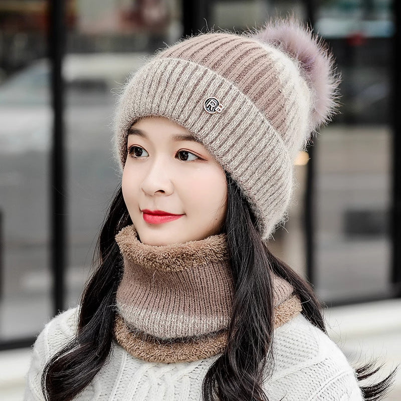 Cycling Warm With Velvet Cold-proof Women's Winter Cotton-padded Cap Scarf Set