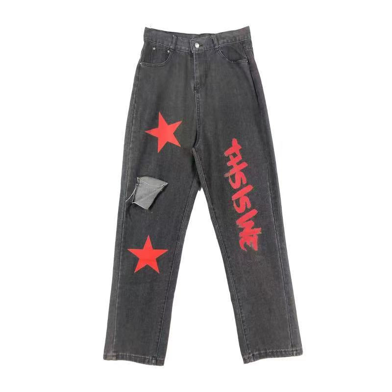 Vintage Stars Print Ripped Straight Wide Leg Jeans