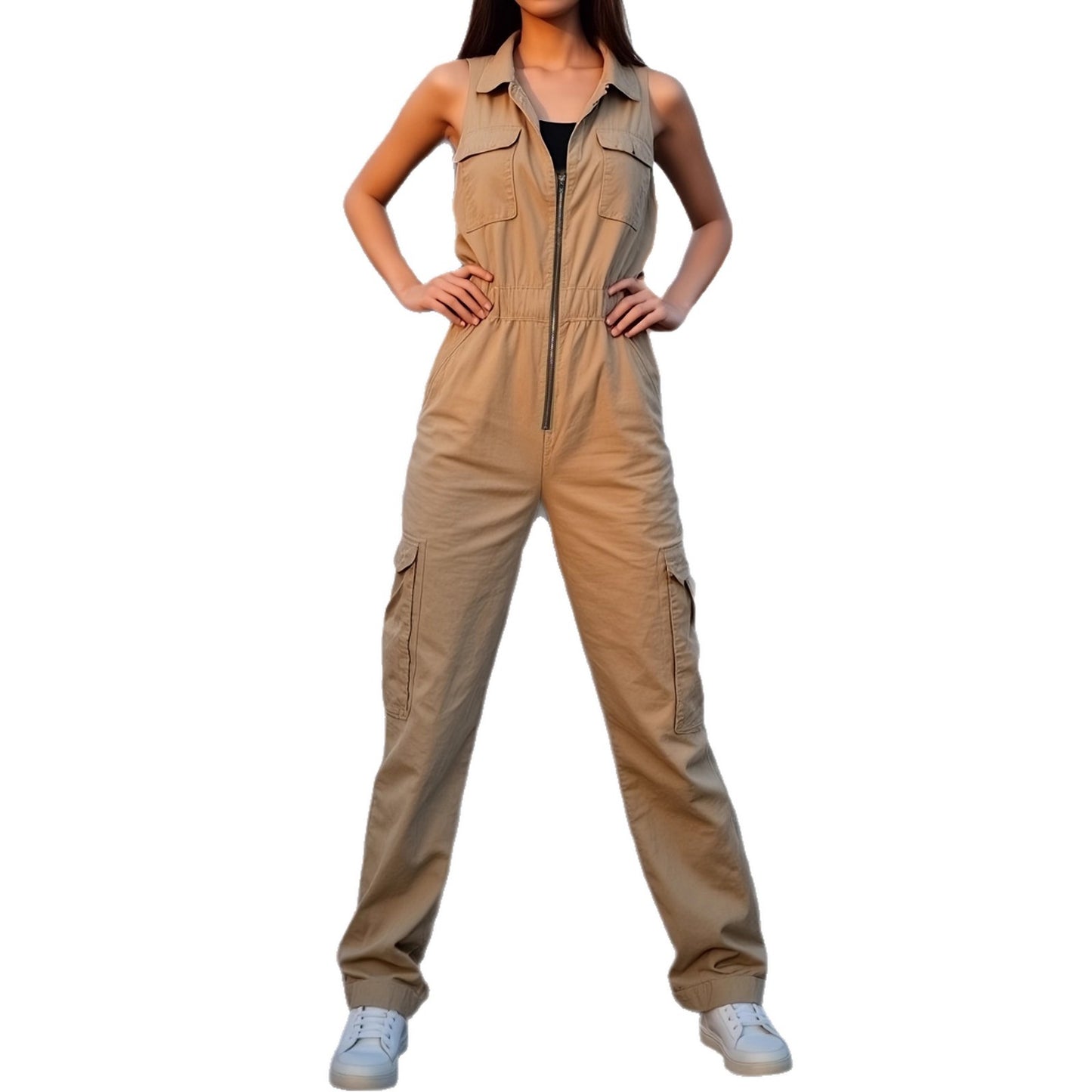 Jumpsuit med flere lommer, lynlås, V-hals og defineret talje