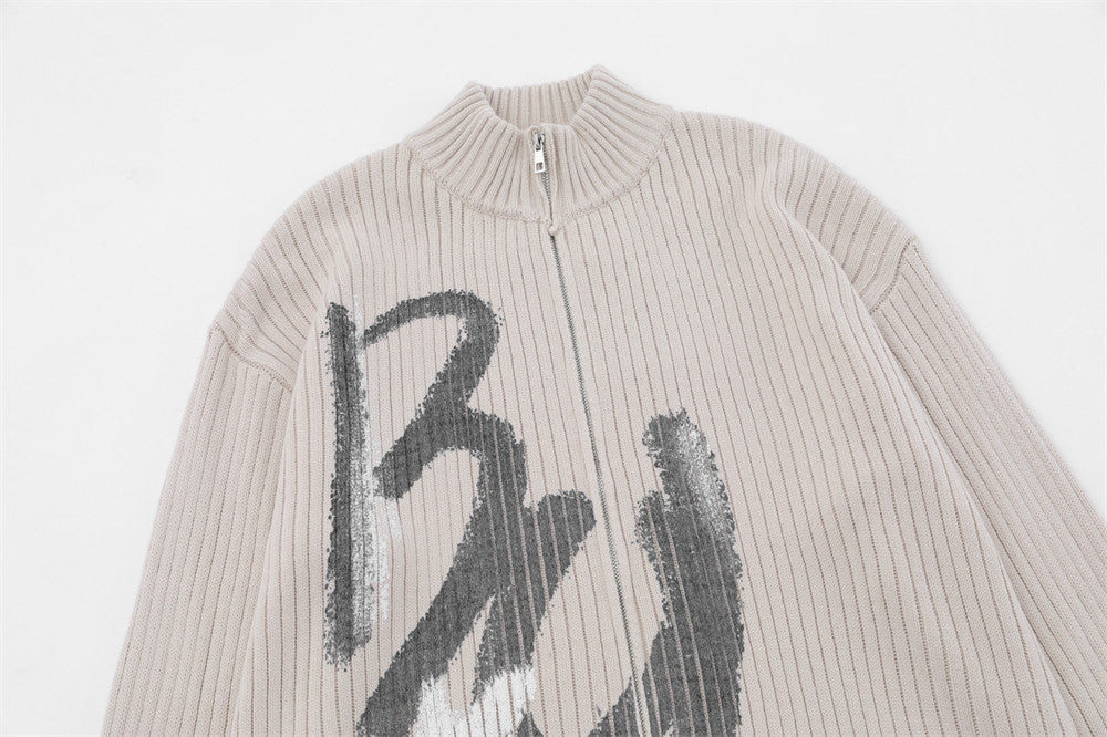 Mænds strikkede cardigan med løs rullekrave og alfabet-graffiti-print – efterårs/vinterfrakke
