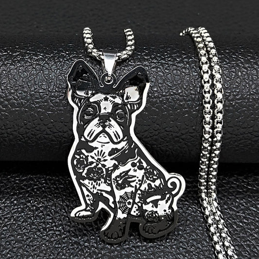Cute French Bulldog Pendant Necklace In Black-Oiled Stainless Steel Pet Jewelry For Women And Men