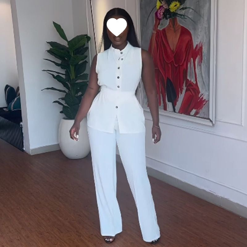 Featuring A Mandarin-collar Button-front Sleeveless Top And Wide-leg Pants