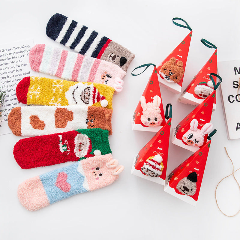 Christmas Stocking Triangle Boxed Coral Velvet Floor Socks Thickened