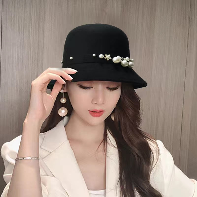 Dame Tophat Stofhat med Bred Skygge og Perler