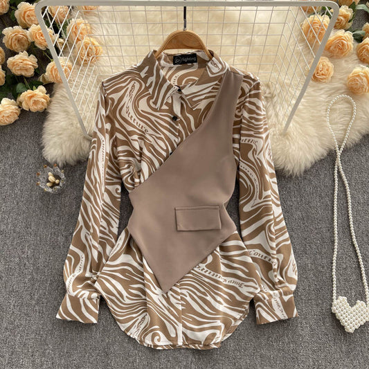 Long Sleeve Top Loose Striped Stitching Fake Shirt