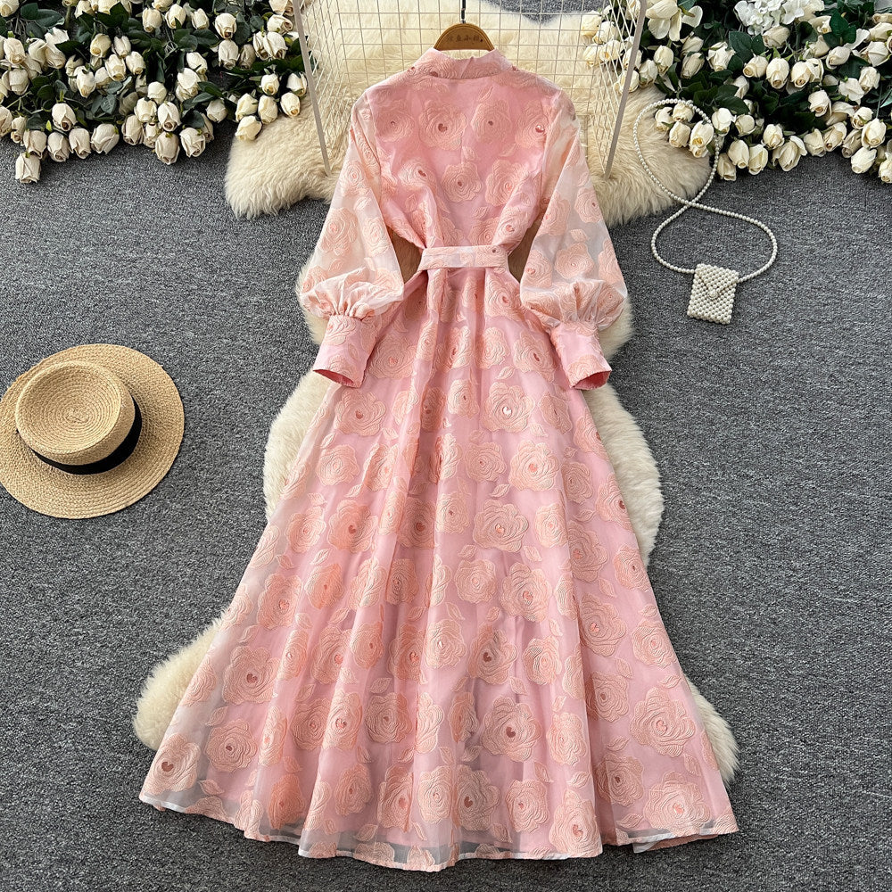 French Romantic Style Stand Collar Lantern Sleeve Heavy Embroidery Dress