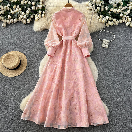 French Romantic Style Stand Collar Lantern Sleeve Heavy Embroidery Dress