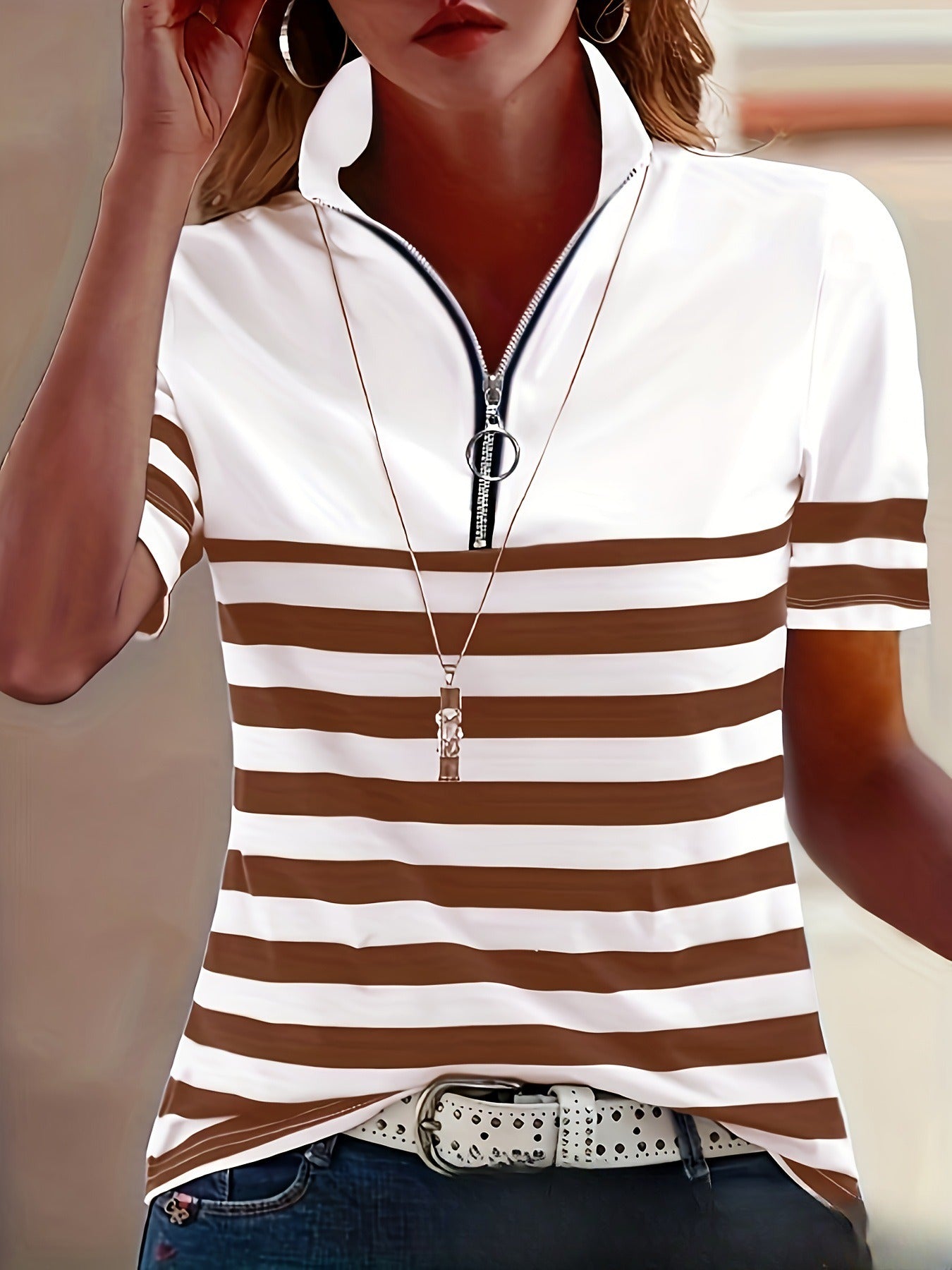 POLO Collar Striped Women's Short-sleeved Lapel Zipper Top T-shirt