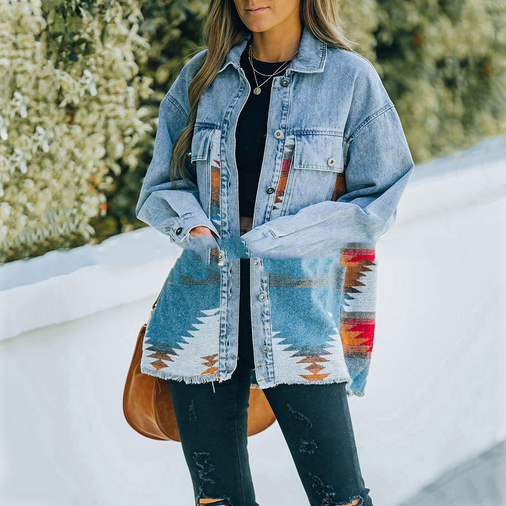 Lapel Pocket Denim Patchwork Wool Coat