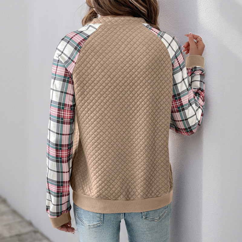 Cardigan i retrostil med lynlås, ternet syning, diamantmønstre og stofsweater