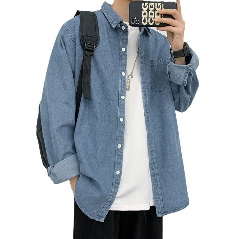 New Hong Kong Style Handsome Design Blue Denim Long Sleeve Shirt