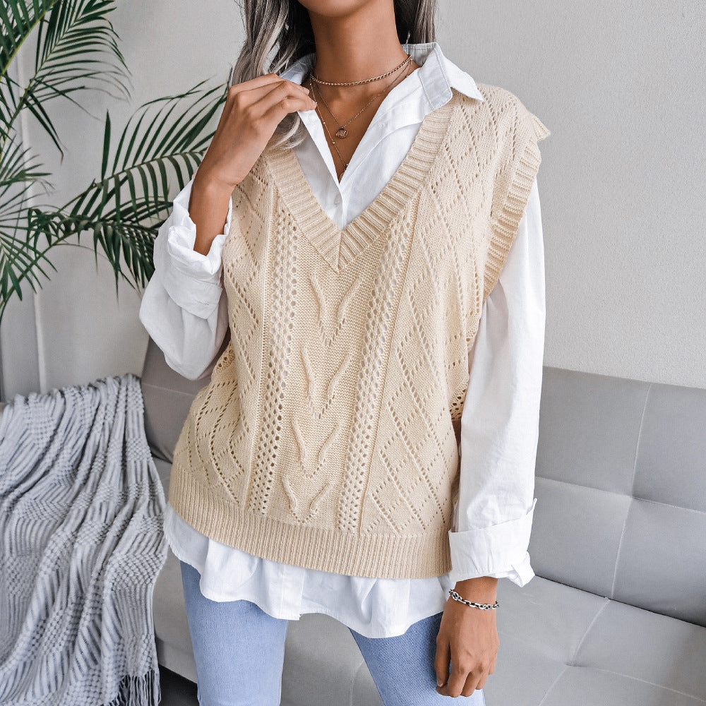 European & American Hollow Out Cable Knit V-Neck Sleeveless Sweater