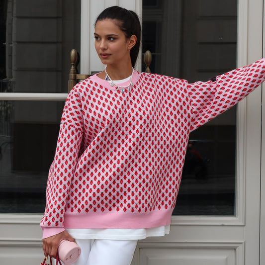 Leisure Pullover Strawberry Embroidery Contrast Color