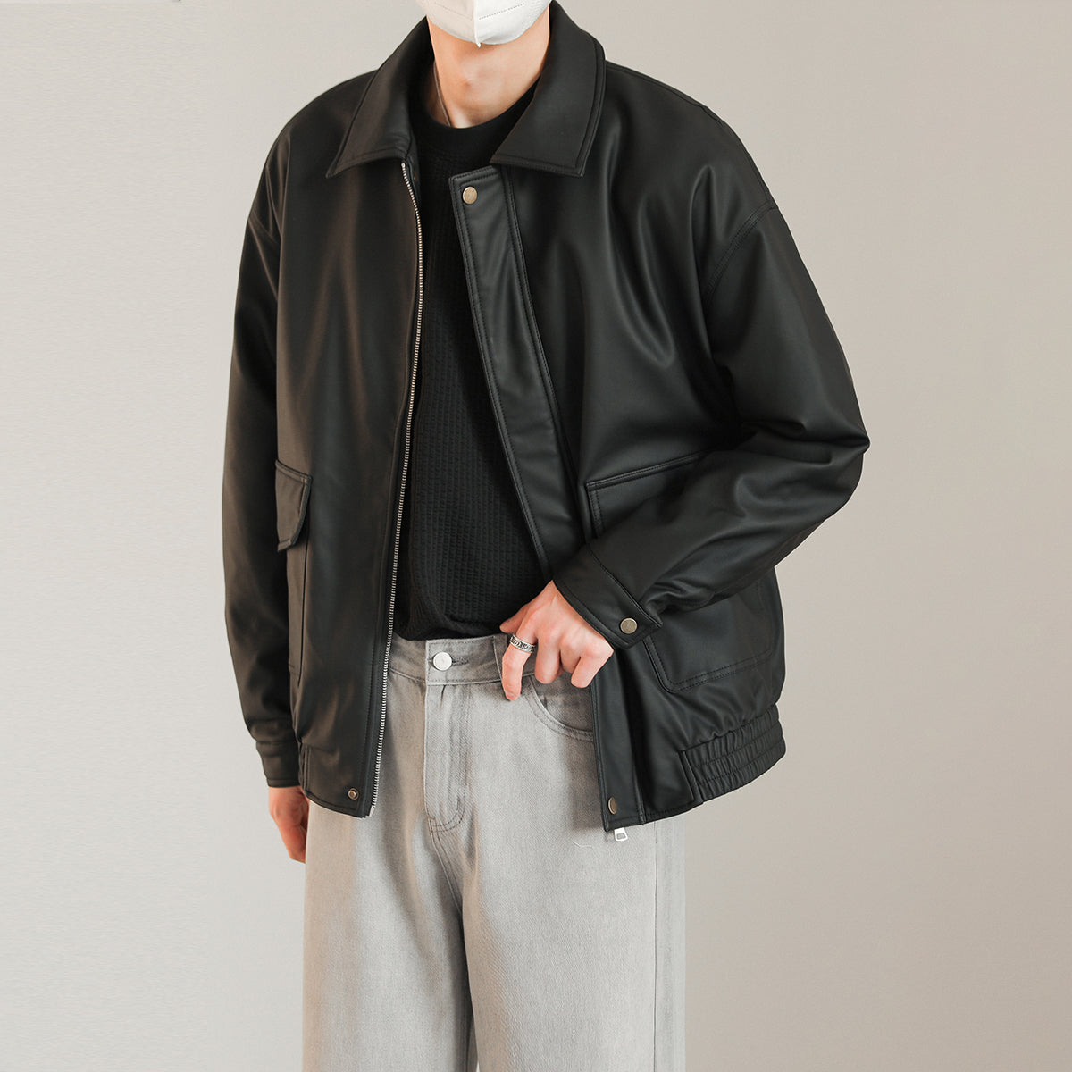 Korean Version Loose Lapel PU Leather Coat