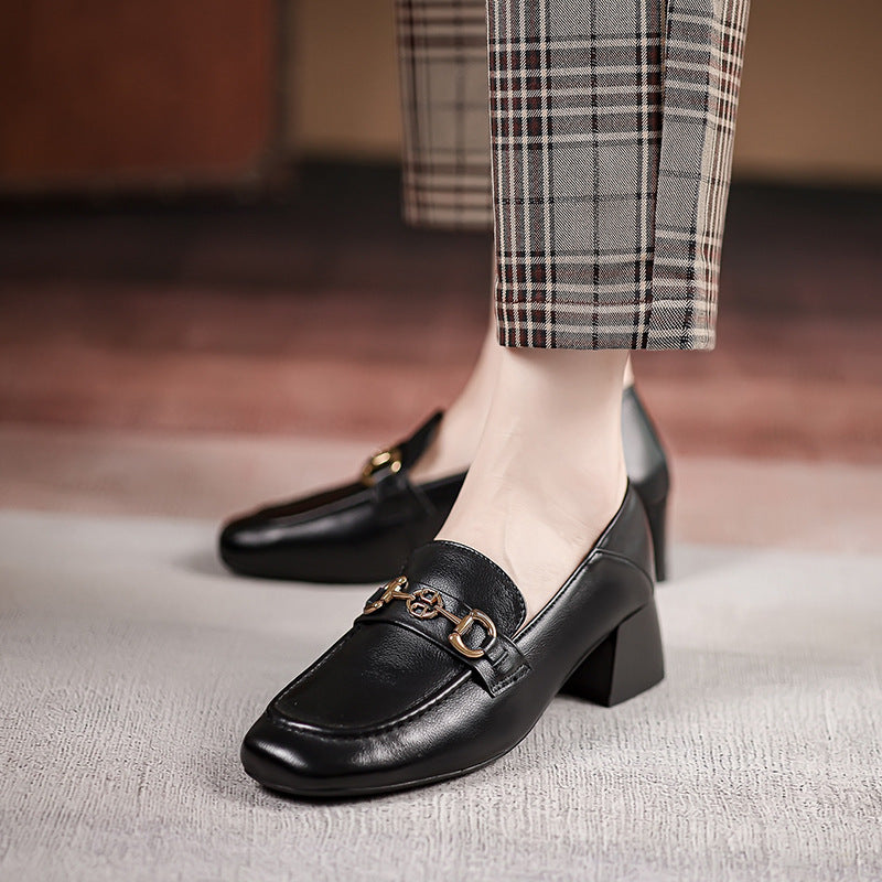 Horsebit Loafer Women's Leather Mid-heel Square Toe Women's Shoes