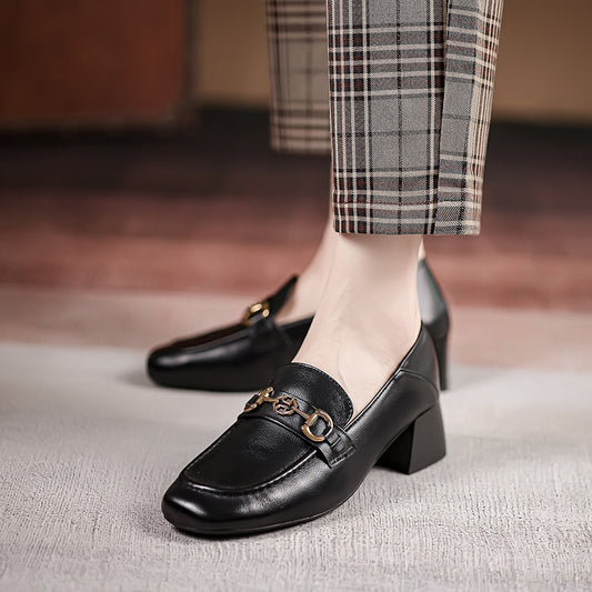 Horsebit Loafer Women's Leather Mid-heel Square Toe Women's Shoes