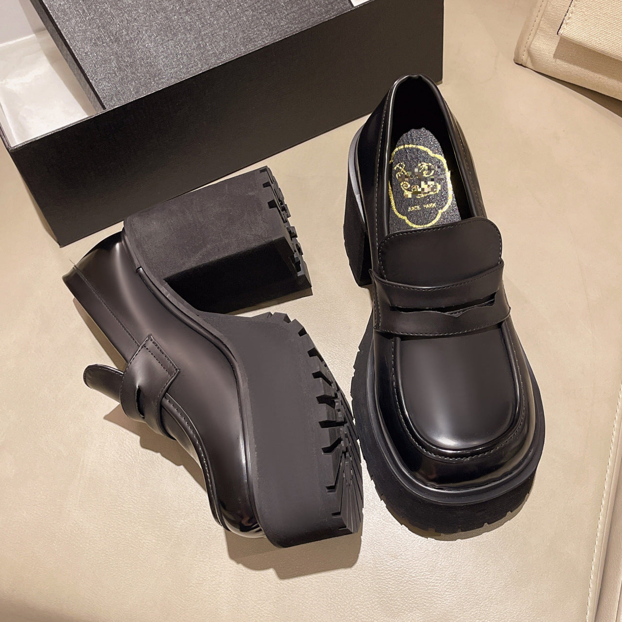 Women's Platform Black Leather Shoes