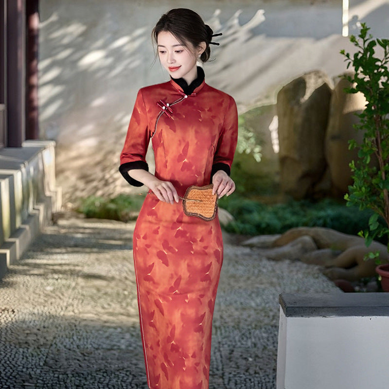 Traditional Chinese-style Dress With Three-quarter Sleeves