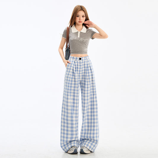 Blue Plaid Womens Loose-fitting Straight-leg Casual Pants