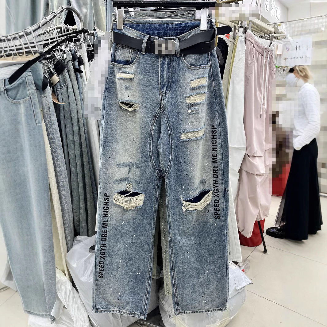 Letter Printed Ripped Cool Brushed Paint Jeans