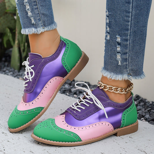 Womens Floral Brocade Pumps In Plus Sizes Color-Block Design With Lace-Up Round Toe