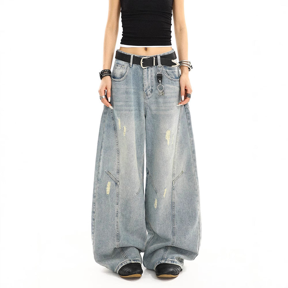 Retro Washed Distressed Loose Straight-leg Wide-leg Pants
