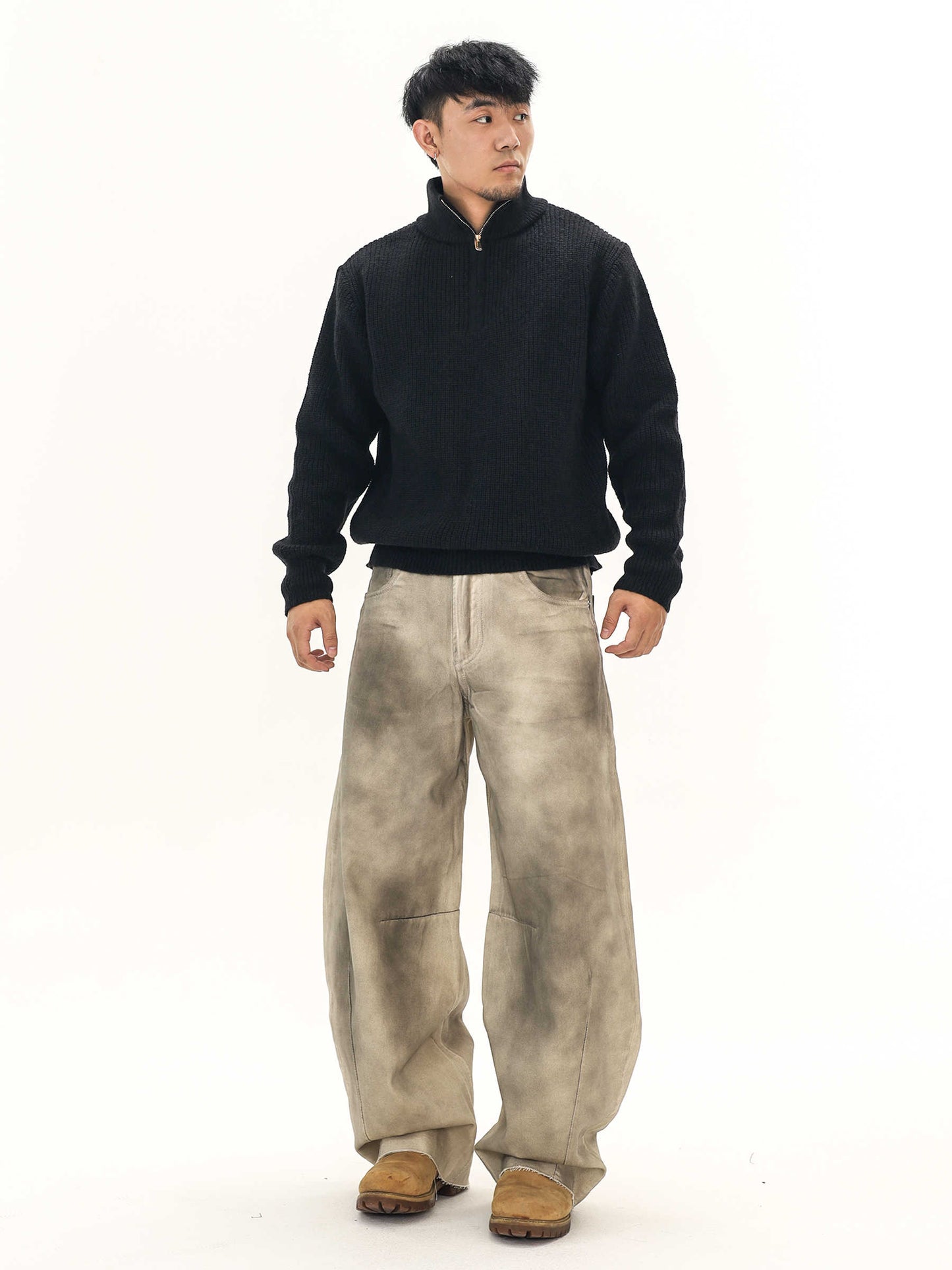 Thick Needle Wool Yarn American Retro Half Zipper Turtleneck Sweater Pullover For Men