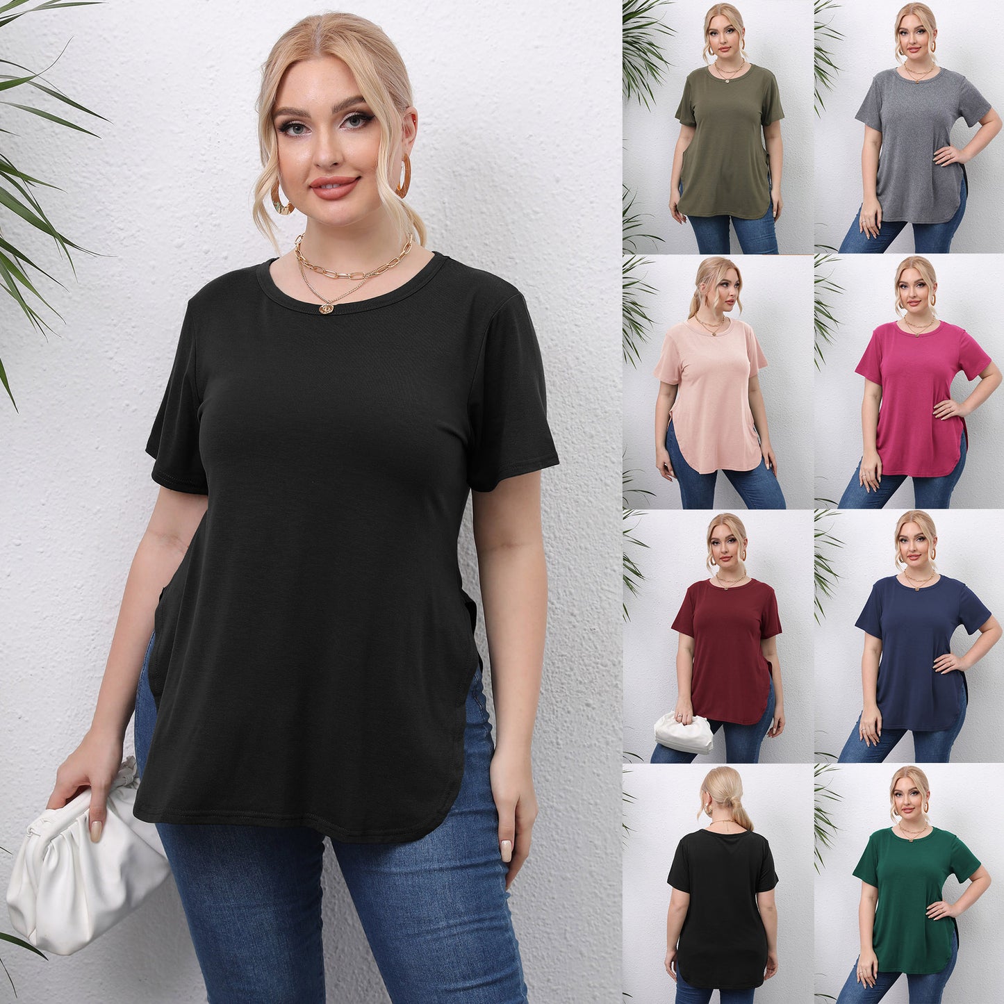 Casual Simple Top Round Neck Split Short-sleeved T-shirt