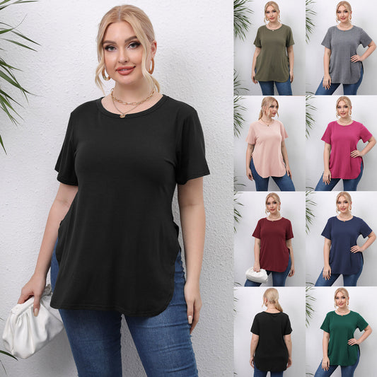 Casual Simple Top Round Neck Split Short-sleeved T-shirt