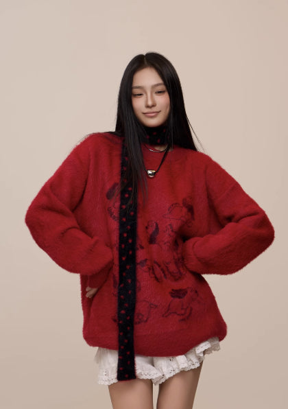 Amerikansk Gade Løs Stil Blød Klæbrig Mohair Dyre-Jacquard Sweater