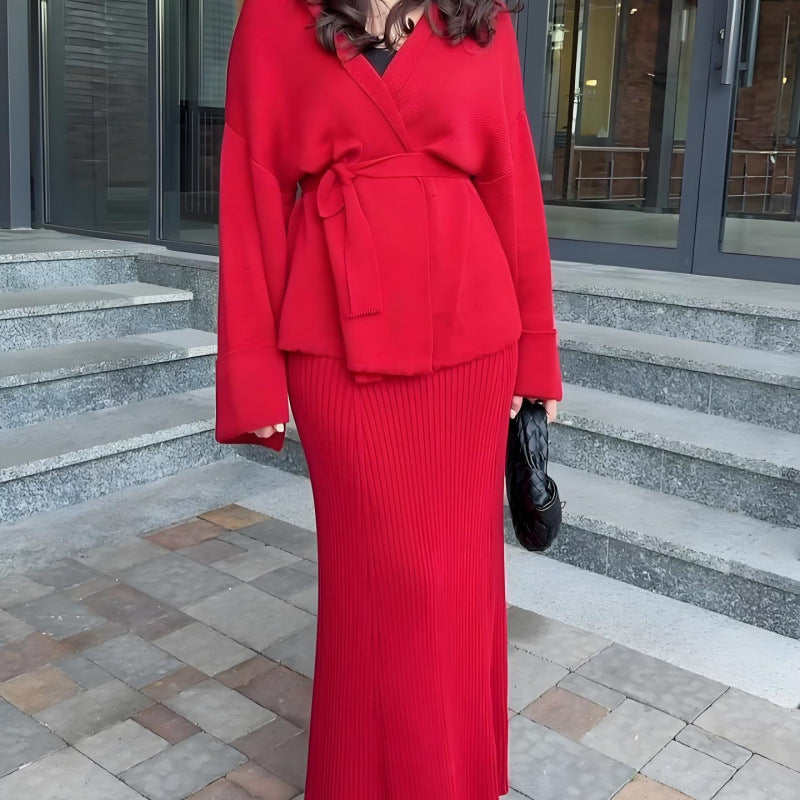 V-neck Tie-front Wide-sleeve High-waisted Skirt Set With An Elegant Vibe