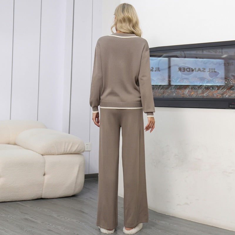 Womens Single-Breasted Relaxed-Fit Casual Wide-Leg Pants Knit Two-Piece Set